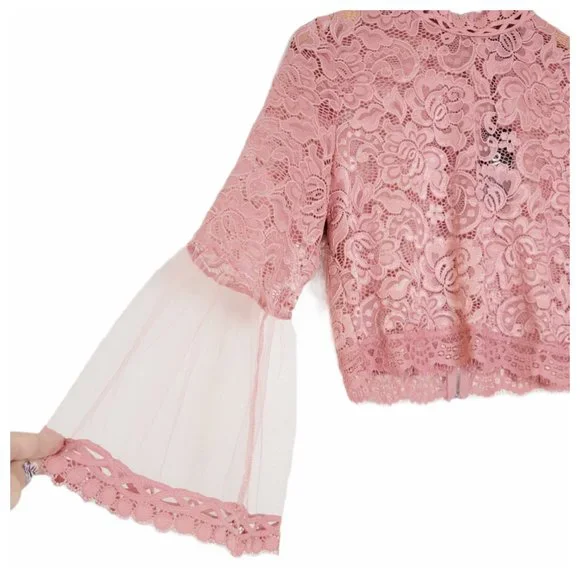 Love University Crop Top Blush Rose Sheer Lace Bell Sleeve Mock Neck Zip Back - Picture 4 of 12